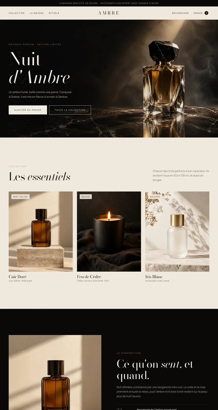 Page d'accueil du site d'exemple Maison Ambre, une parfumerie inventée, sur ordinateur