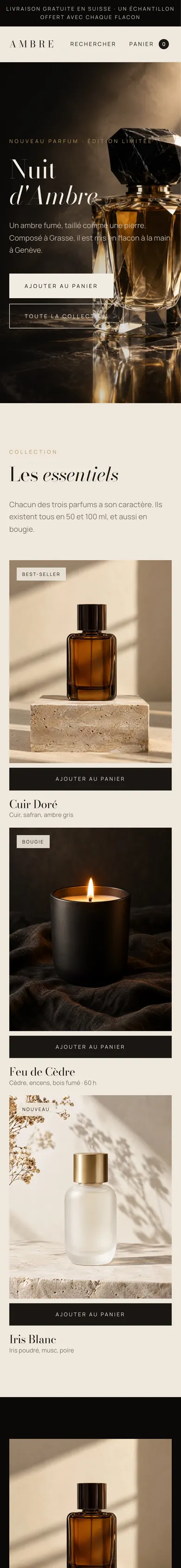 Page d'accueil du site d'exemple Maison Ambre, une parfumerie inventée, sur téléphone