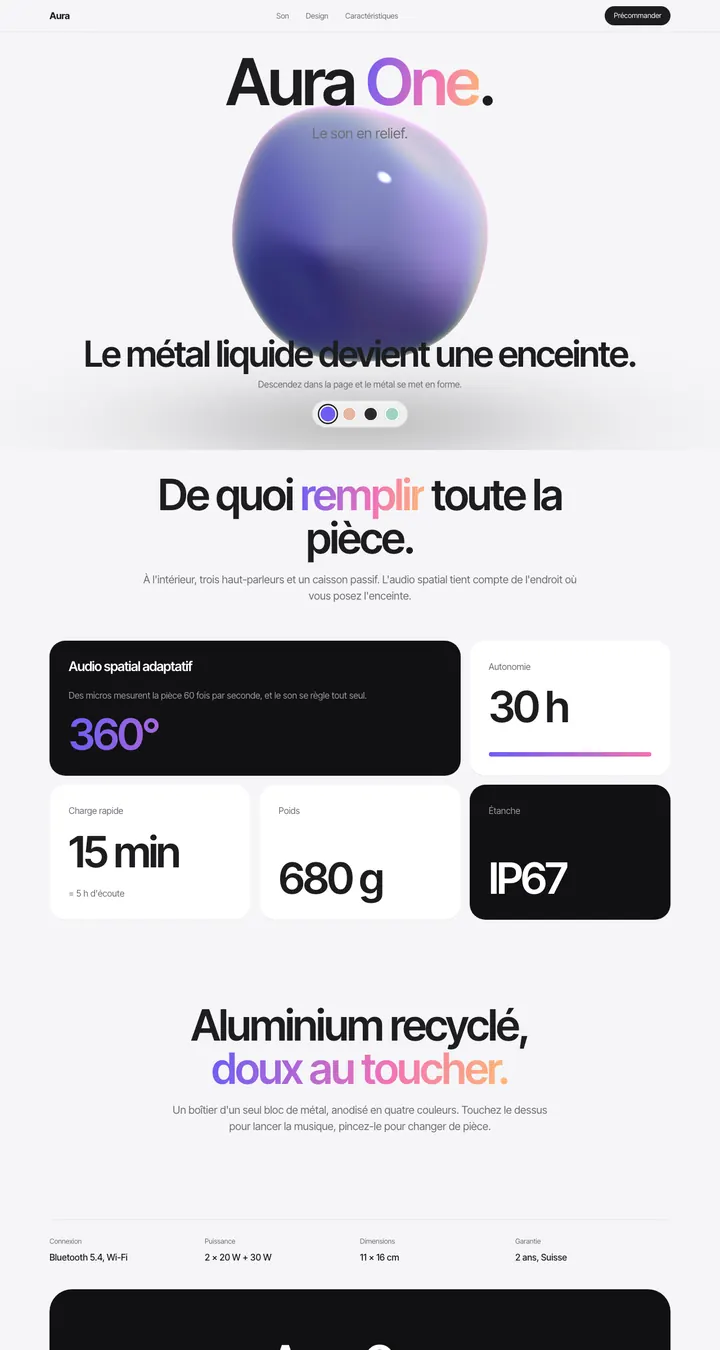 Page d'accueil du site d'exemple Aura One, une enceinte sans fil inventée, sur ordinateur