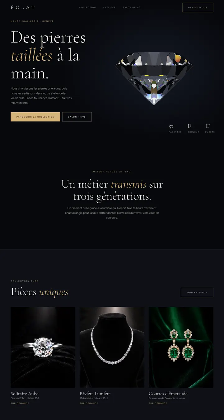 Page d'accueil du site d'exemple Éclat, une joaillerie inventée, sur ordinateur