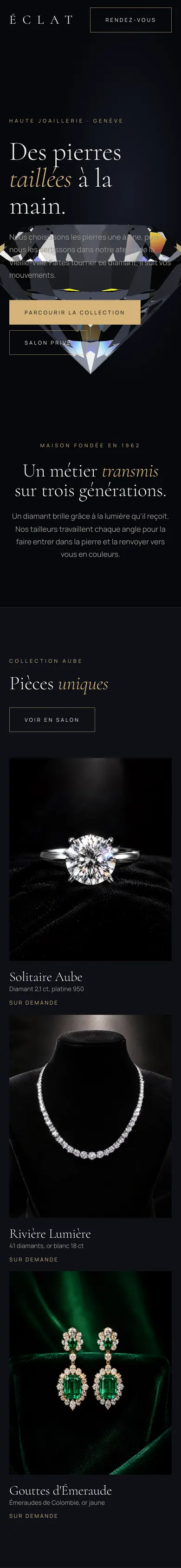 Page d'accueil du site d'exemple Éclat, une joaillerie inventée, sur téléphone