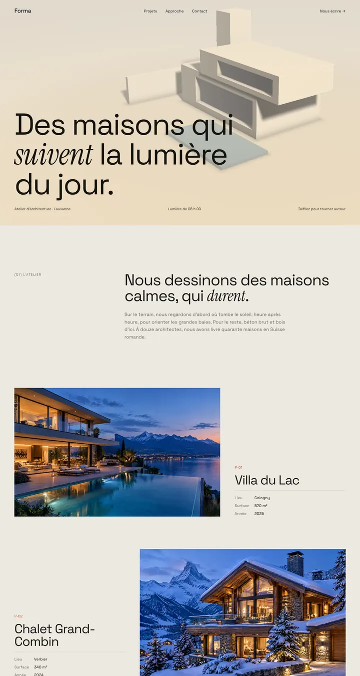 Page d'accueil du site d'exemple Forma, un atelier d'architecture inventé, sur ordinateur