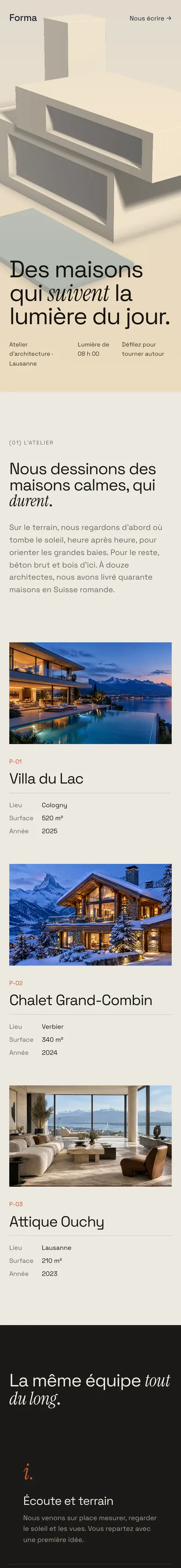 Page d'accueil du site d'exemple Forma, un atelier d'architecture inventé, sur téléphone