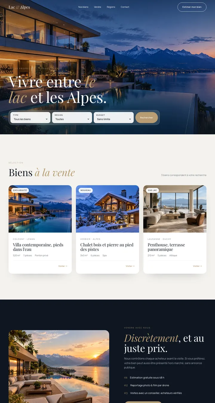 Page d'accueil du site d'exemple Lac & Alpes, une agence immobilière inventée, sur ordinateur
