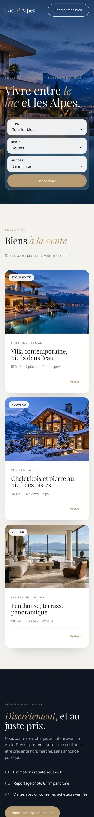 Page d'accueil du site d'exemple Lac & Alpes, une agence immobilière inventée, sur téléphone