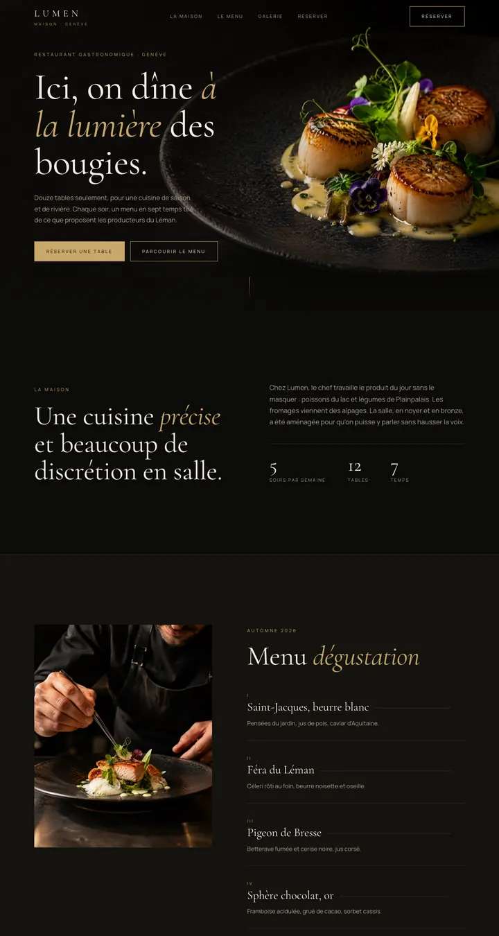 Page d'accueil du site d'exemple Maison Lumen, un restaurant inventé, sur ordinateur