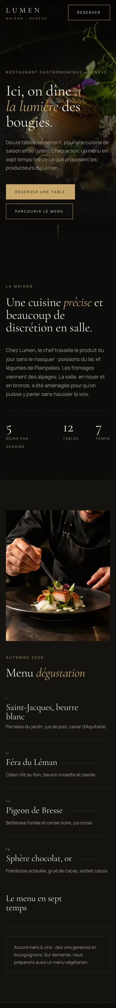 Page d'accueil du site d'exemple Maison Lumen, un restaurant inventé, sur téléphone
