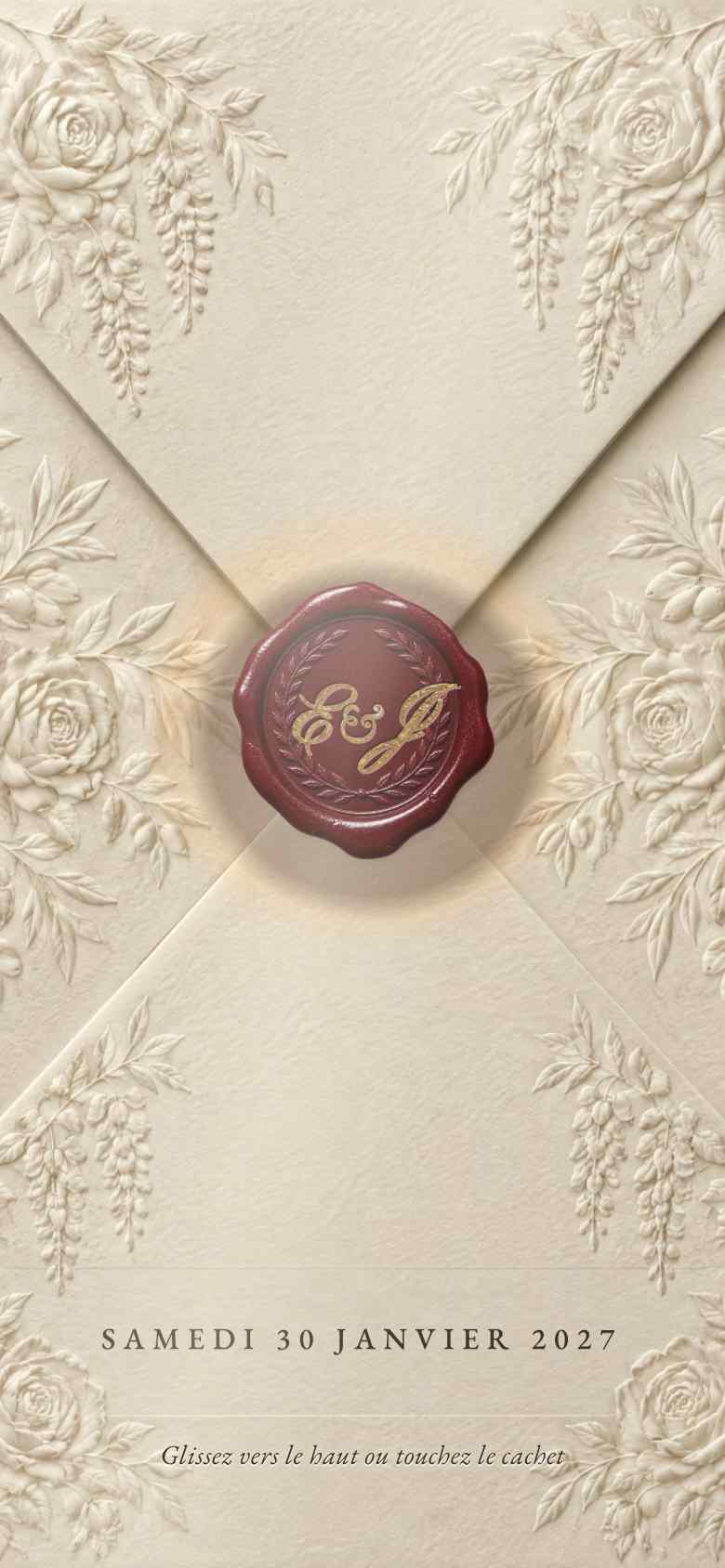 Aperçu d'une invitation de mariage : une pochette en papier gaufré fermée par un cachet de cire bordeaux